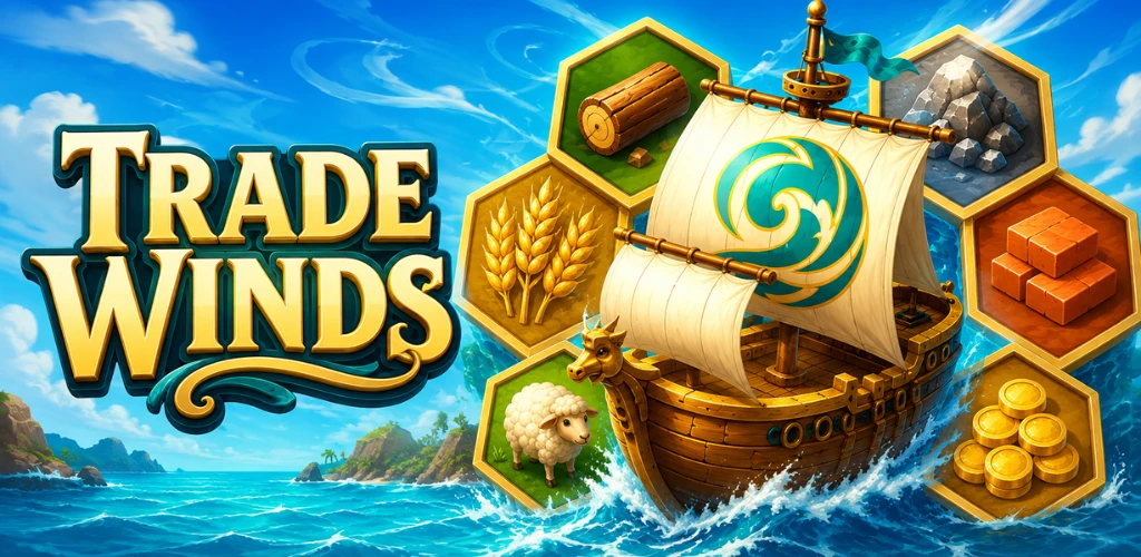 Trade Winds featured artwork showing a merchant ship, resources, and tropical islands