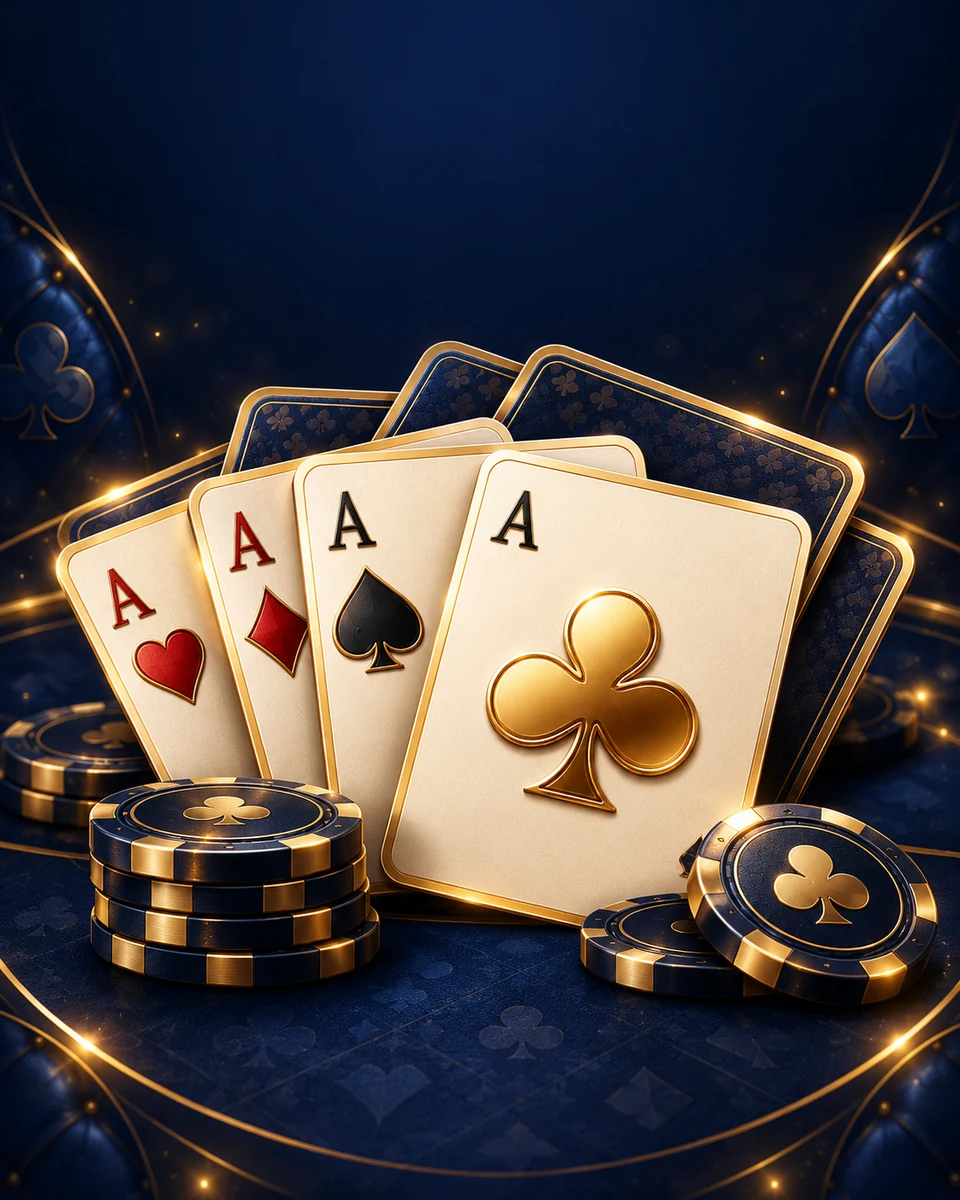 Card Club artwork with classic playing cards and gold accents on a deep navy table