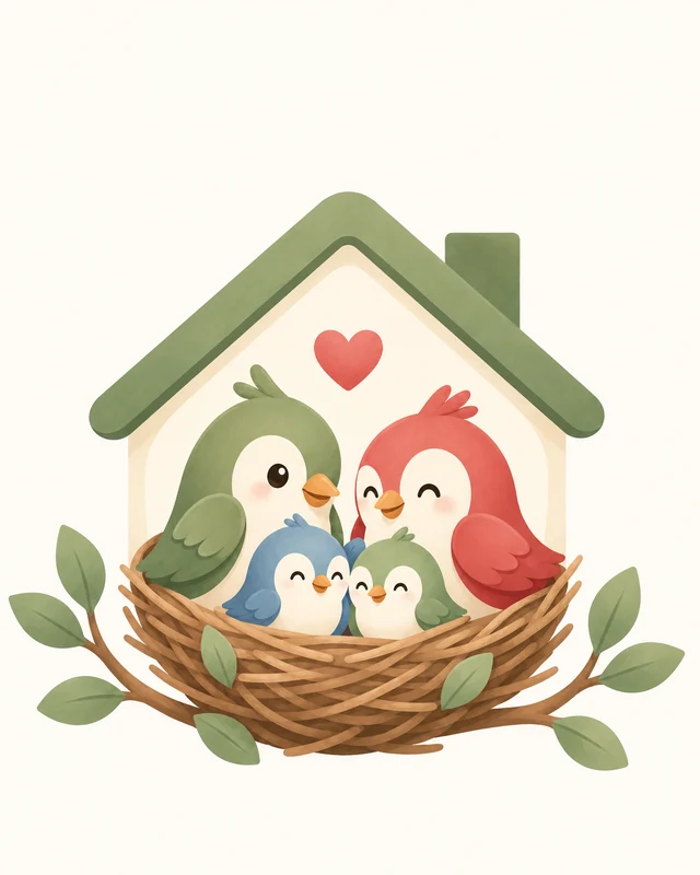 Sage and coral parent birds with two chicks in a warm illustrated nest