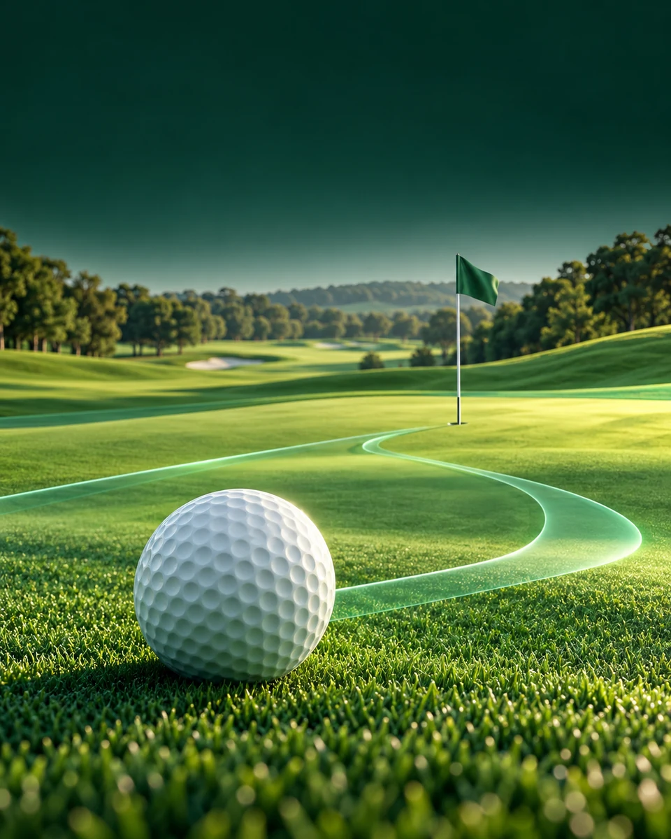 Golf Caddy artwork with a golf ball beside an emerald green