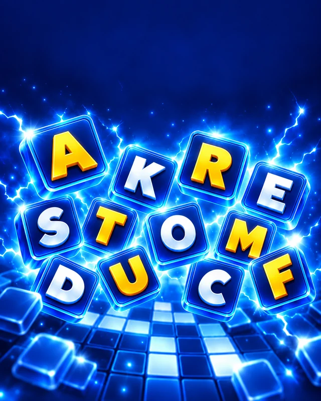 Electric blue letter tiles and cyan lightning above a word puzzle grid