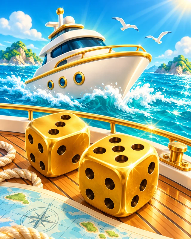 Cream yacht sailing on turquoise water with golden dice on a teak deck
