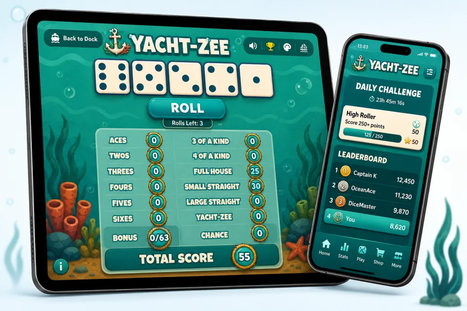 Yacht-Zee gameplay artwork showing dice and ocean theme