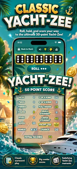 Classic Yacht-Zee five-dice scorecard with category scores and a running total