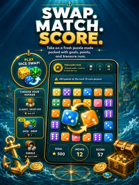 Dice Swap puzzle board showing dice combinations and a score target