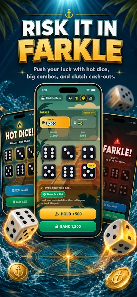 Farkle gameplay with six dice and the choice to bank points or roll again